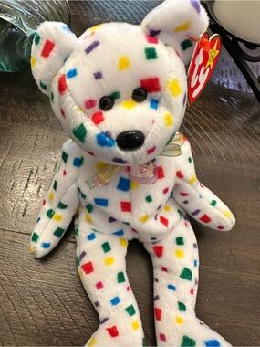 Ty 2KWhite Plush Bear with Multicolor Confetti Spots